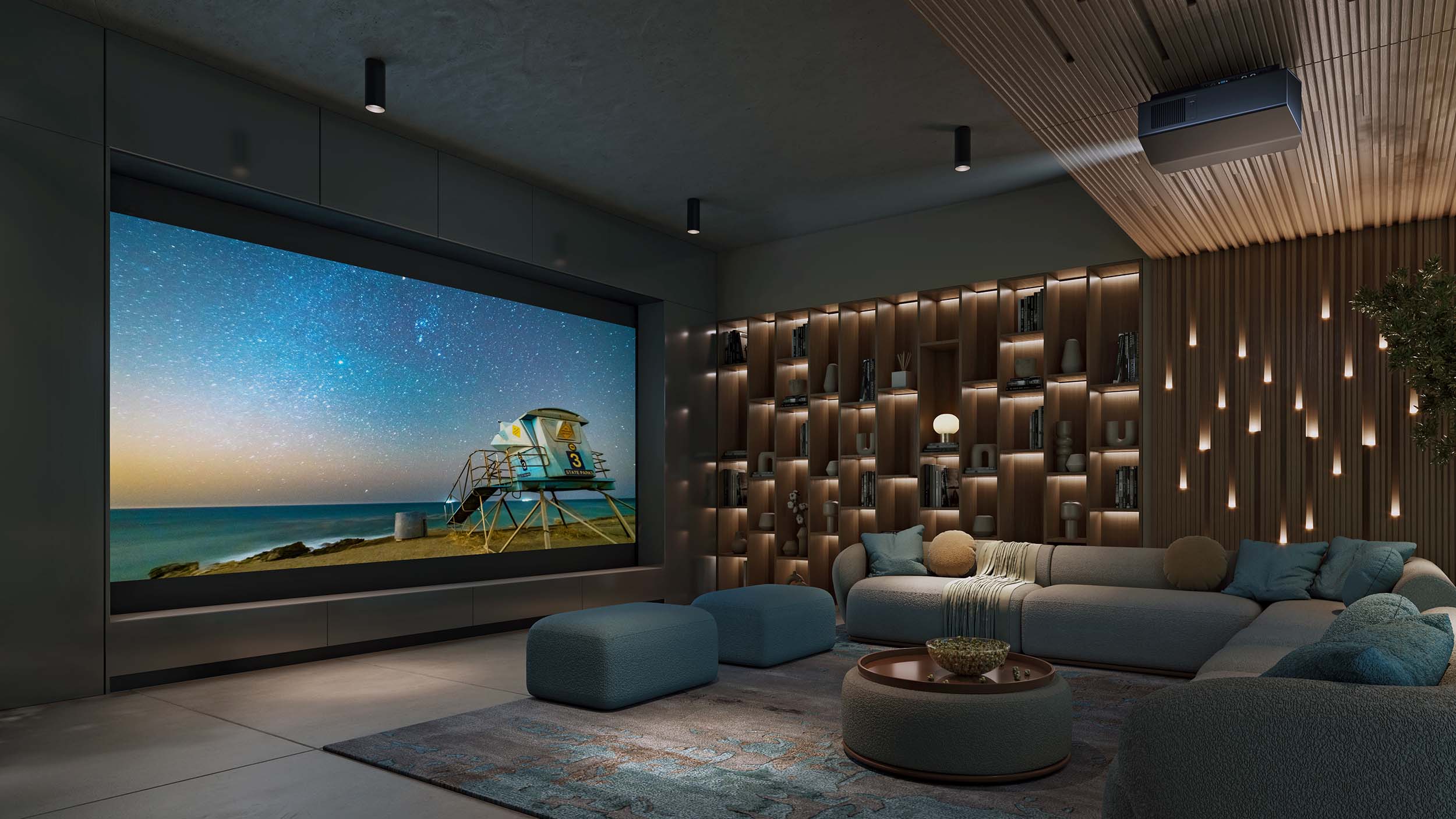 Sony Home Theater with wooden walls and ceiling in neutral colors