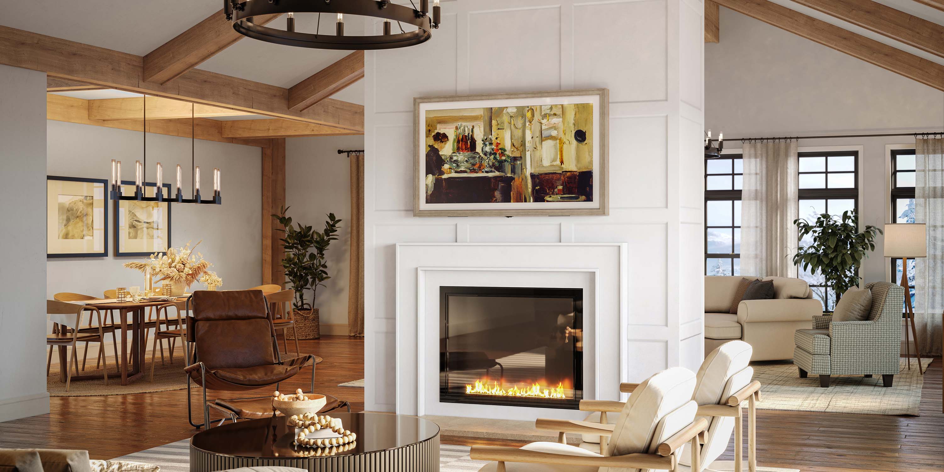 leon technology in a warm living room with exposed wooden beams and a white fireplace
