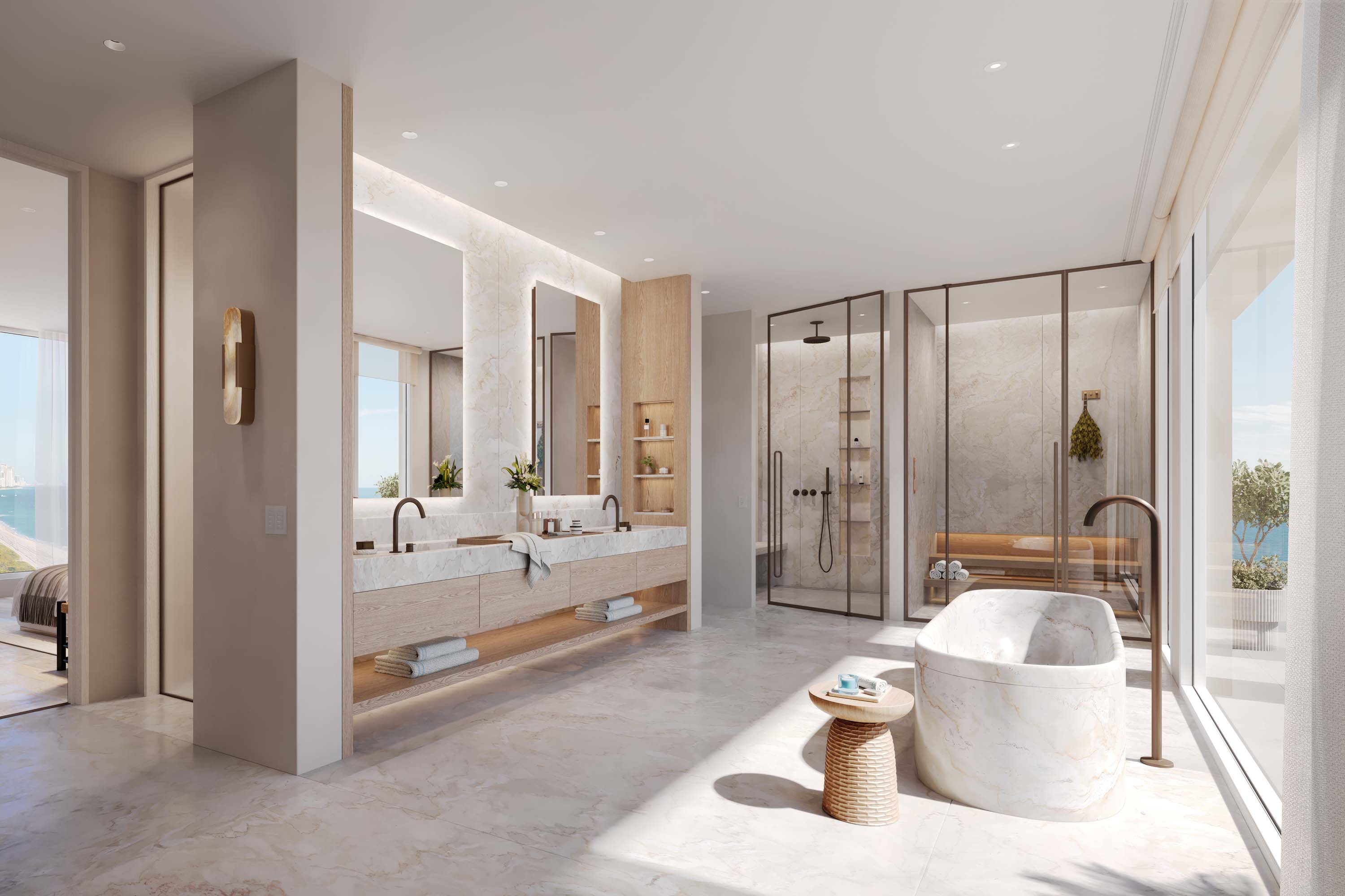 lutron bathroom lighting in a modern home with cream color scheme