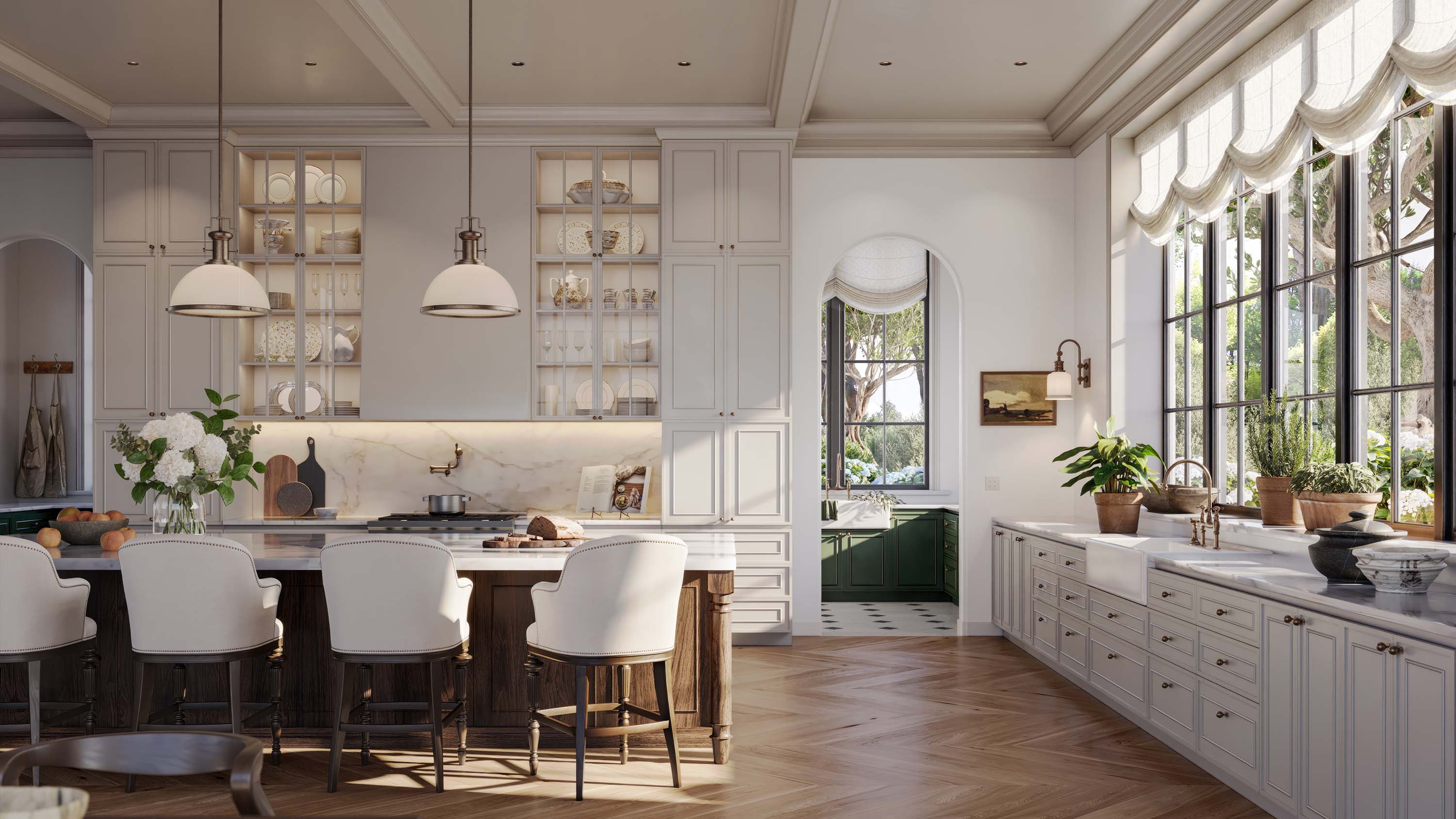 cream colored kitchen with wooden floors and very tall ceilings