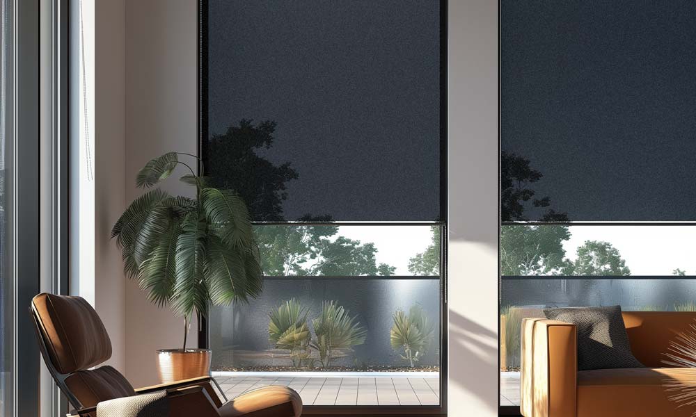 Dark roller shades blocking heat through large windows