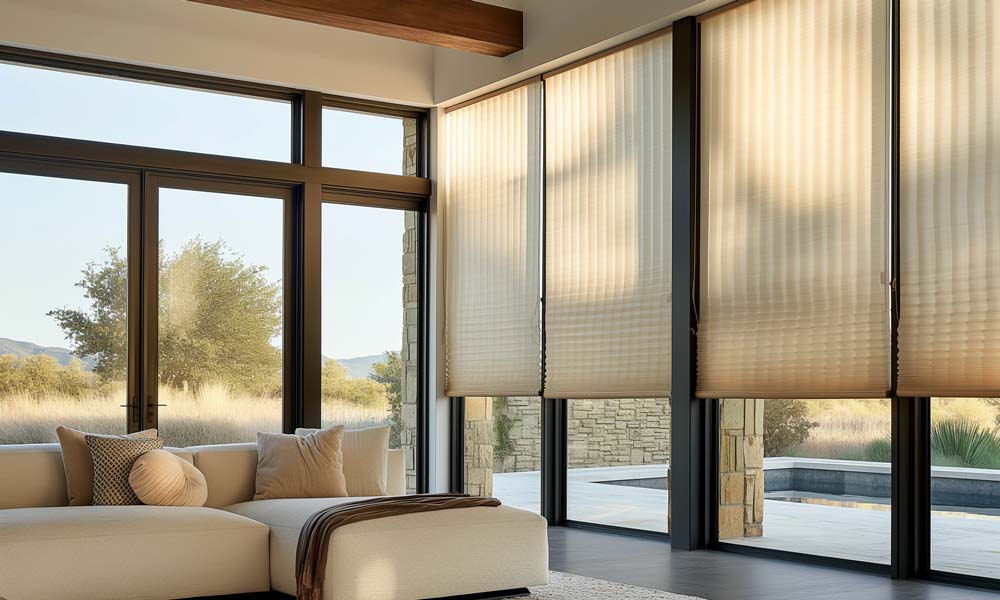 Living room with pleated shades filtering sunlight