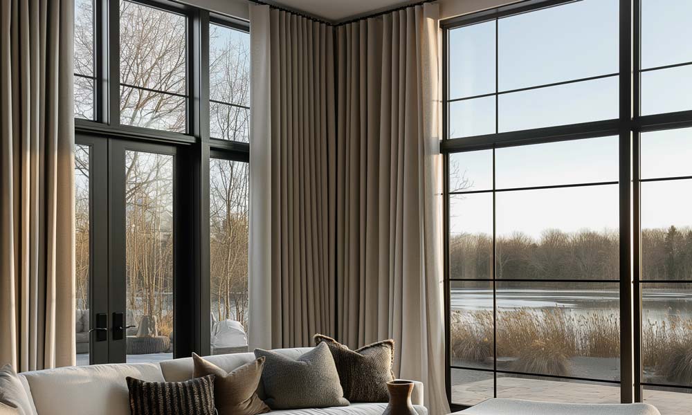 Floor-to-ceiling thermal drapes in cozy room with large windows