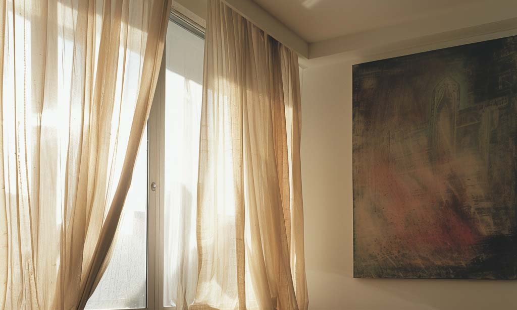 Sheer curtains filtering sunlight next to abstract wall art