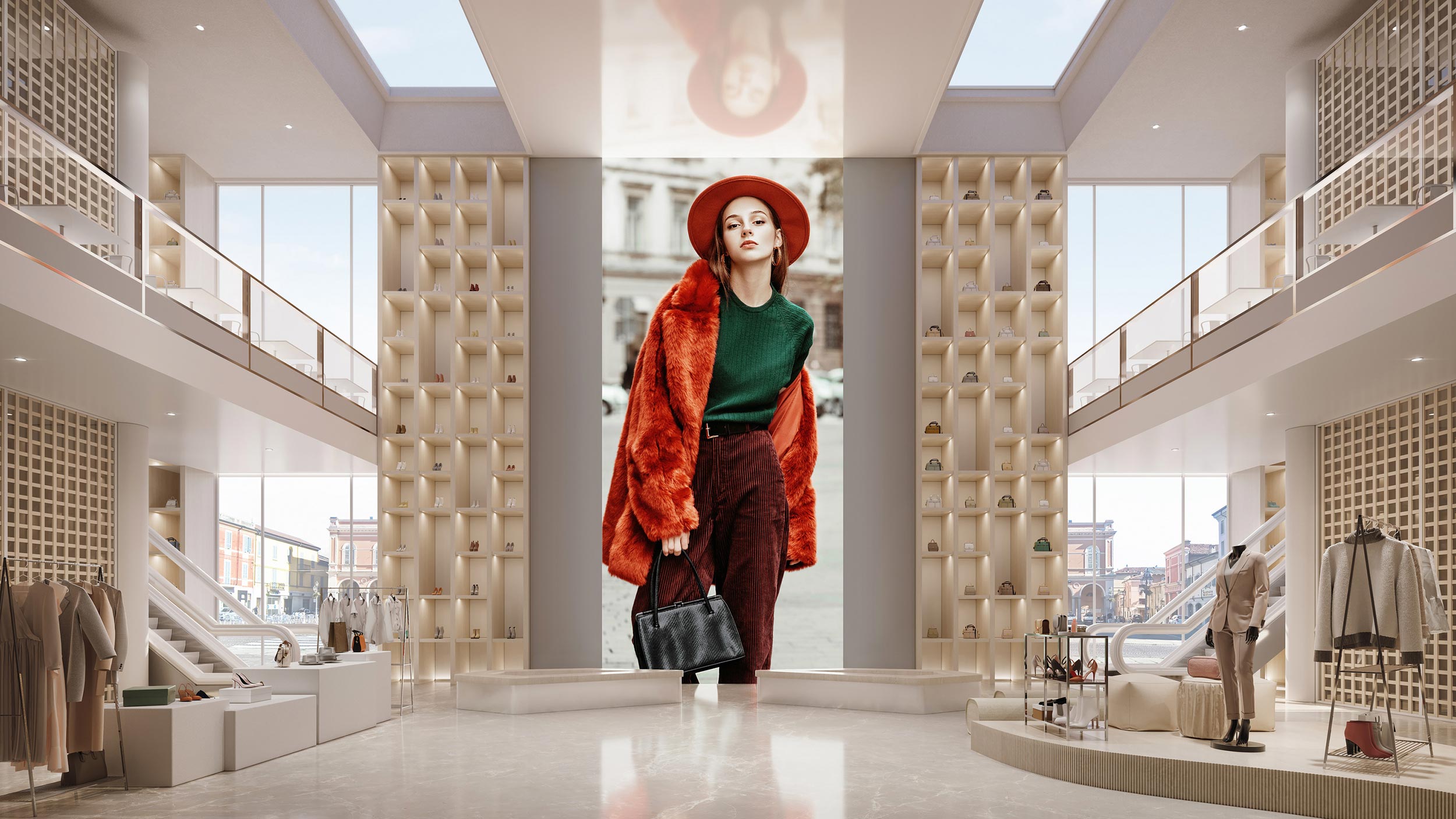 A Sony video wall in a luxurious retail space displaying a fashion model, surrounded by elegant displays.